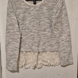 INC International Concepts Gray and Cream Lace Trim Top